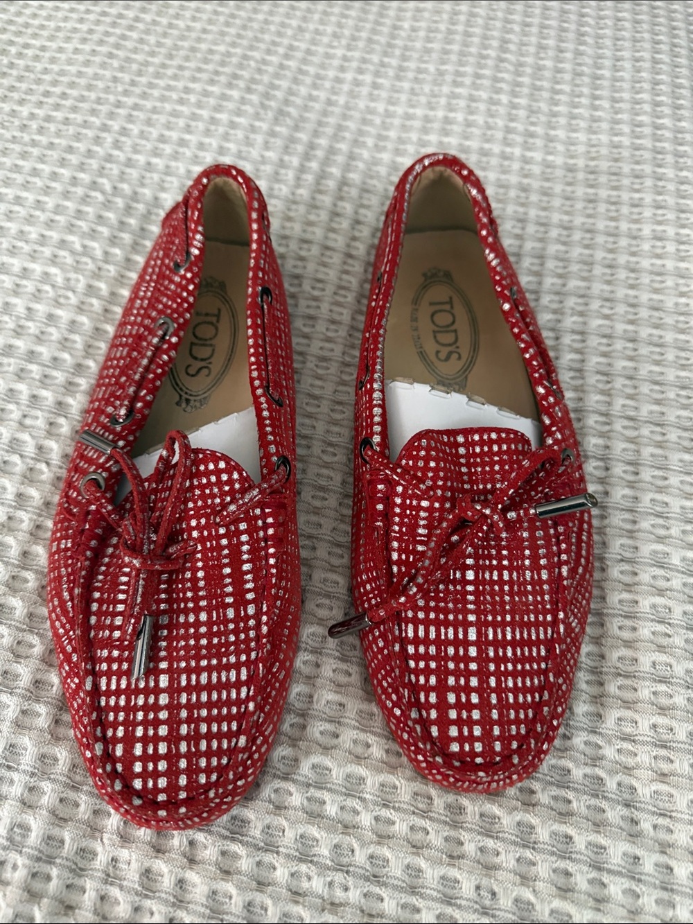 TOD'S Red and White women’s Driving Moccasins in size 37.